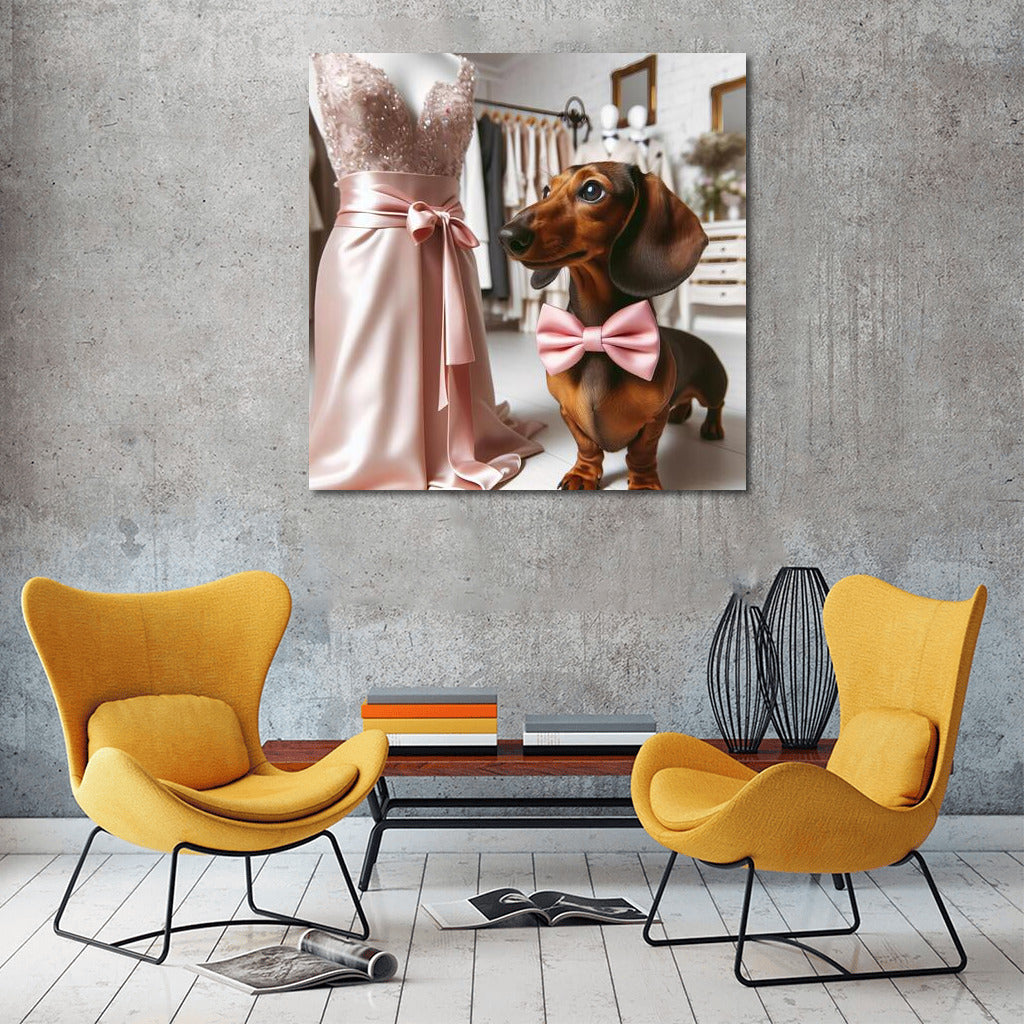 Dachshund in Pink Bow Tie Among Evening Dresses: The Perfect Gift for Fashion and Dog Lovers