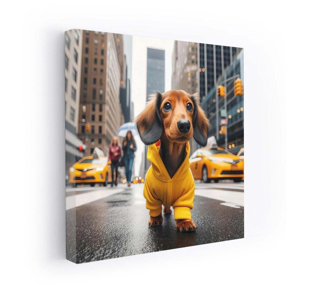 Stylish Puppy in Yellow on City Streets: Playful Accent for Your Interior