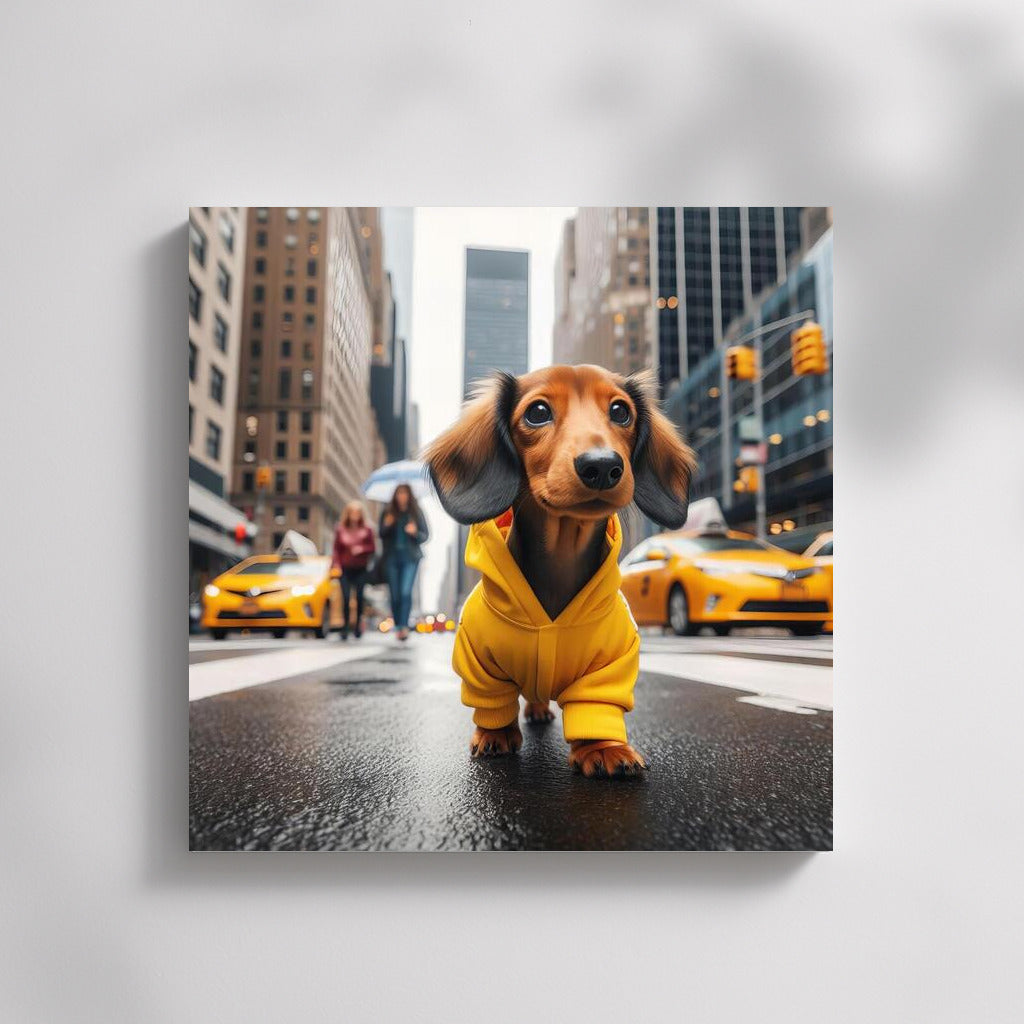 Stylish Puppy in Yellow on City Streets: Playful Accent for Your Interior