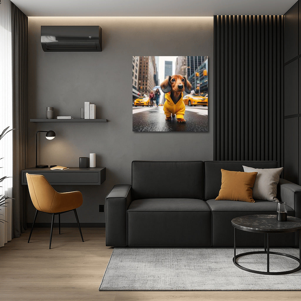 Stylish Puppy in Yellow on City Streets: Playful Accent for Your Interior