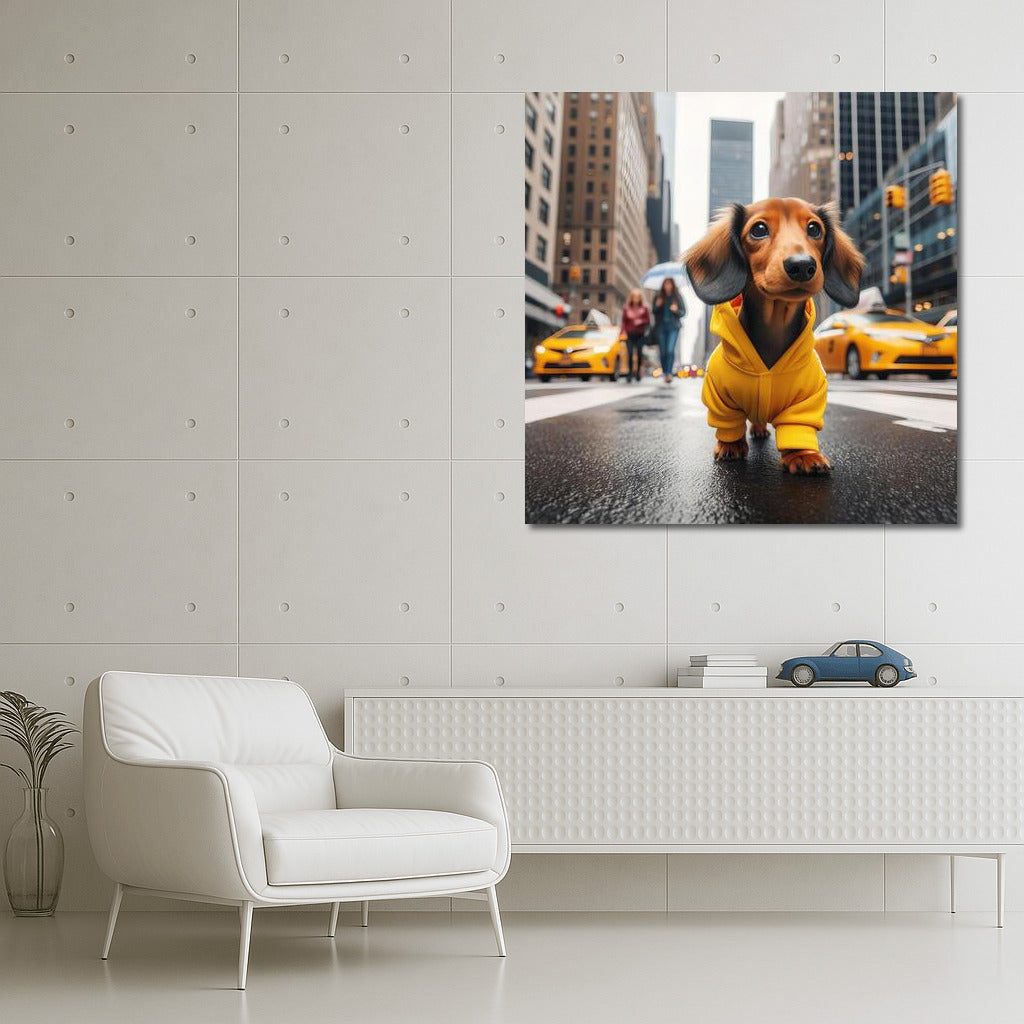 Stylish Puppy in Yellow on City Streets: Playful Accent for Your Interior