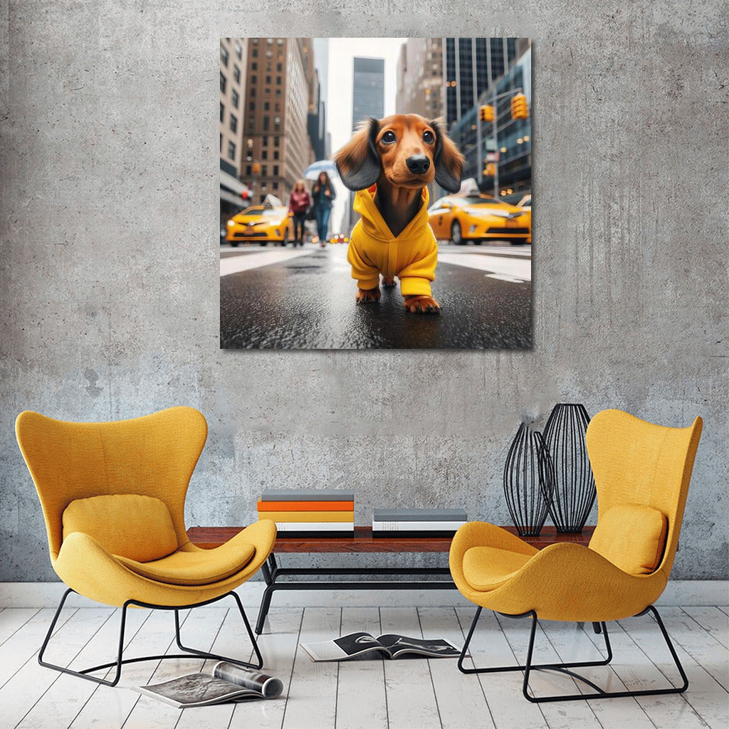 Stylish Puppy in Yellow on City Streets: Playful Accent for Your Interior