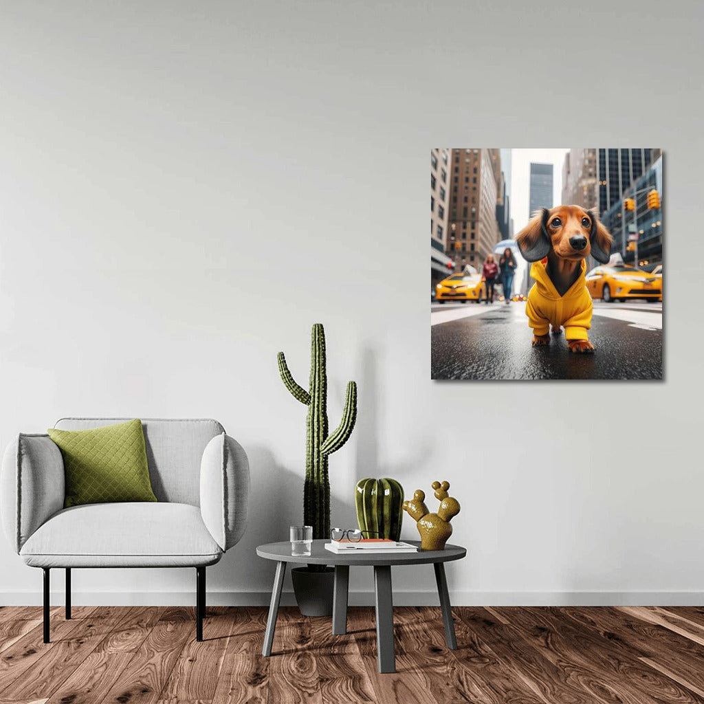 Stylish Puppy in Yellow on City Streets: Playful Accent for Your Interior