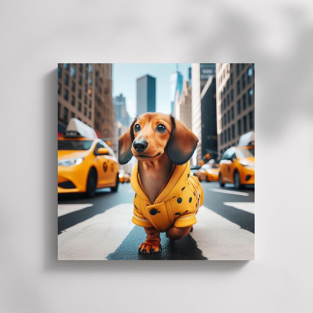 Happy Dog in Yellow Coat: City Adventure