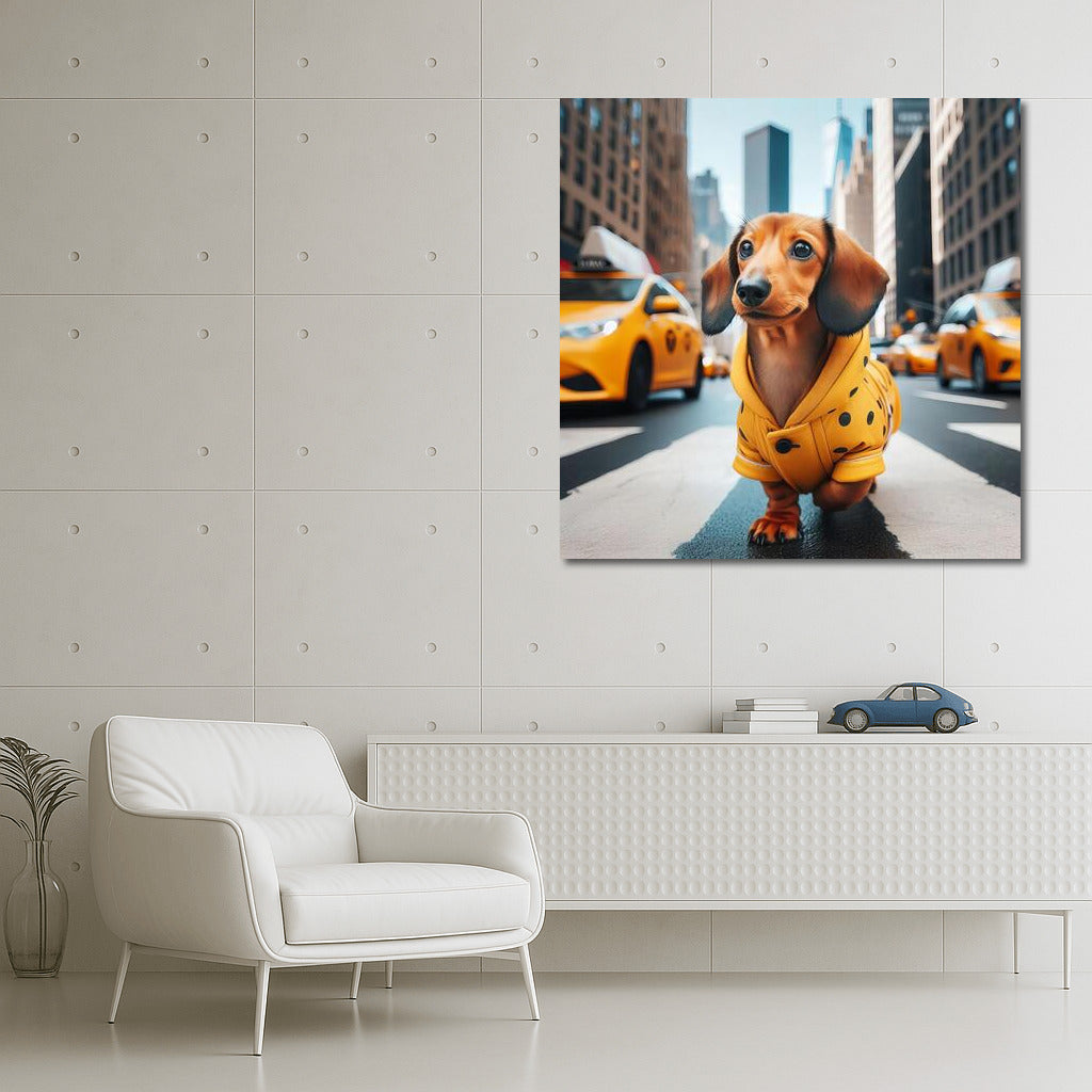 Happy Dog in Yellow Coat: City Adventure