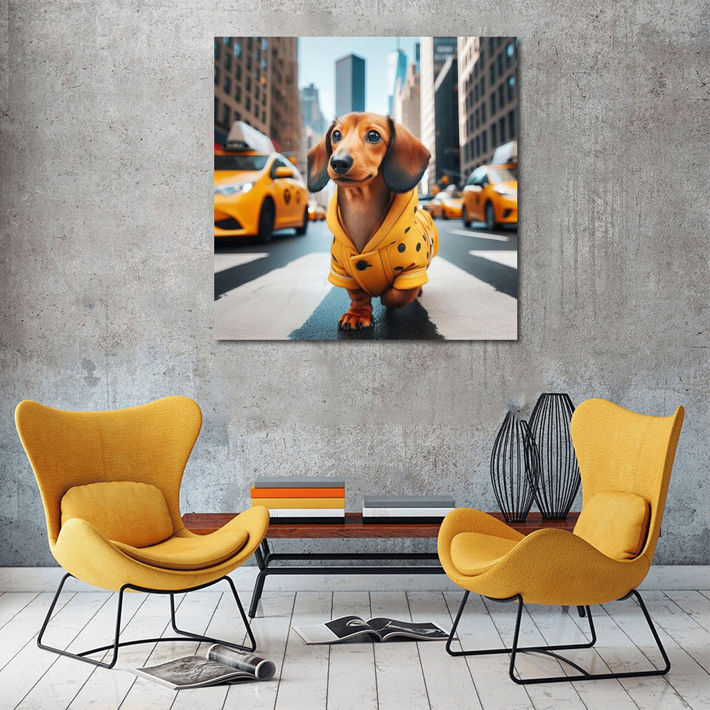 Happy Dog in Yellow Coat: City Adventure