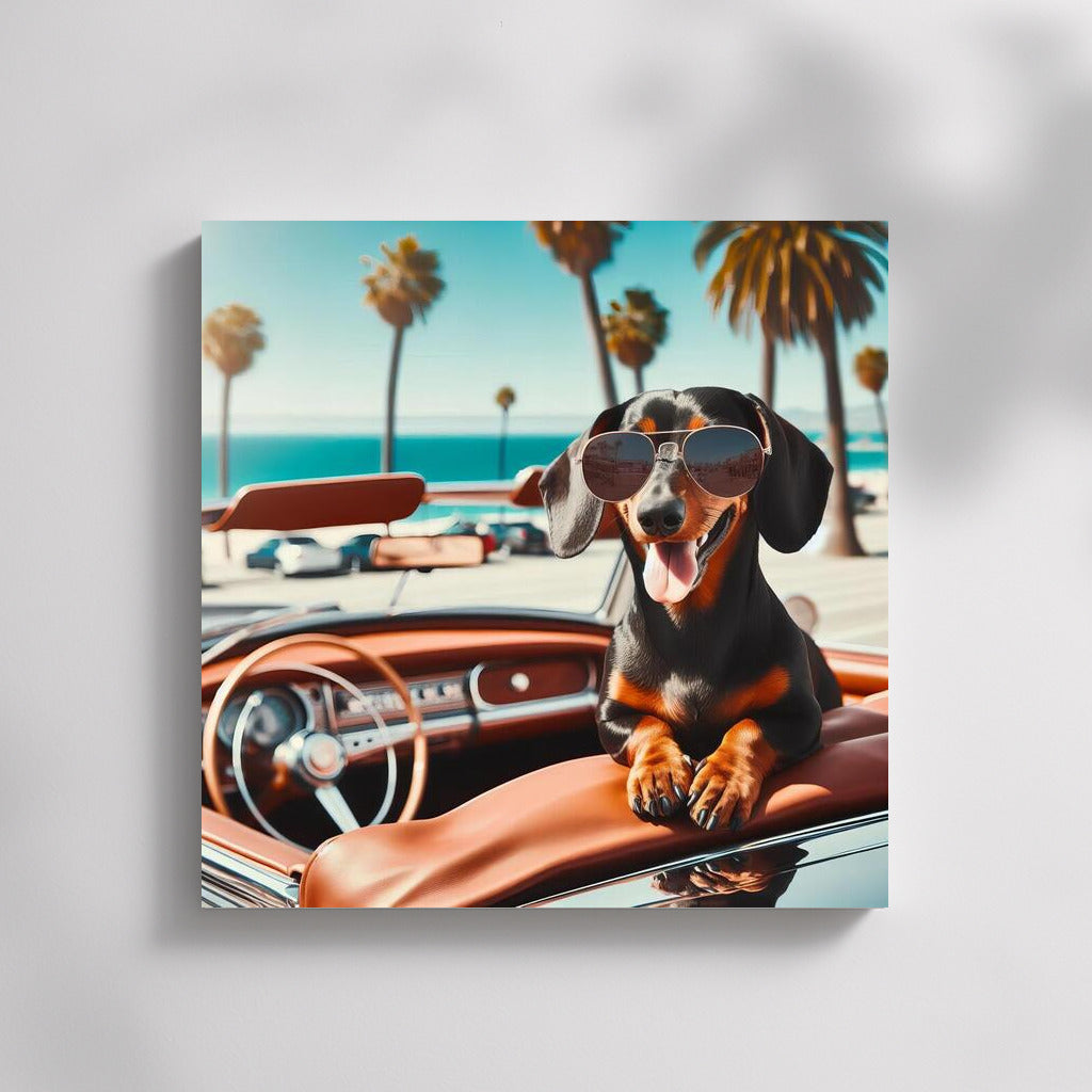 Dachshund with Glasses on Retro Convertible by the Ocean: Summer Dream
