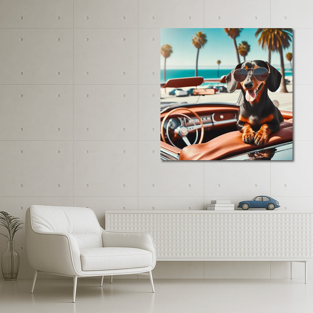 Dachshund with Glasses on Retro Convertible by the Ocean: Summer Dream