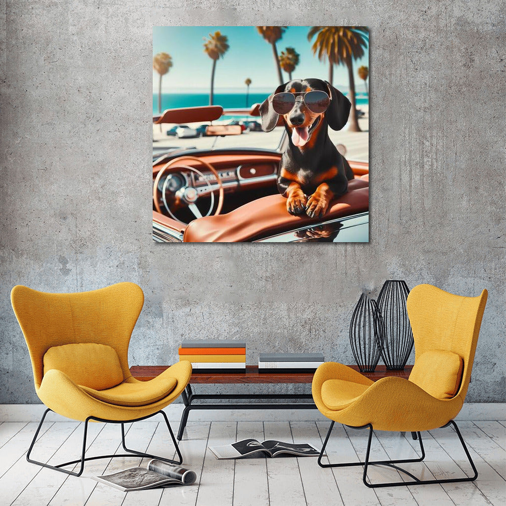 Dachshund with Glasses on Retro Convertible by the Ocean: Summer Dream