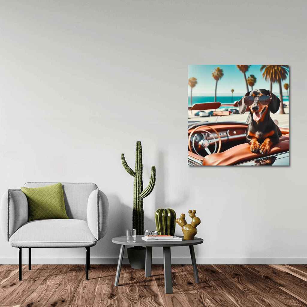 Dachshund with Glasses on Retro Convertible by the Ocean: Summer Dream