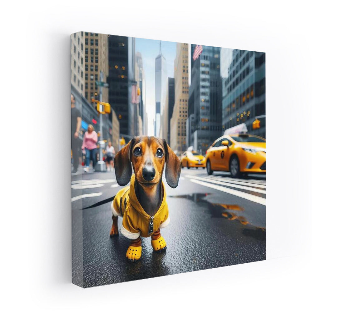 Dachshund in the City: Fashionable Dog and Yellow Taxis