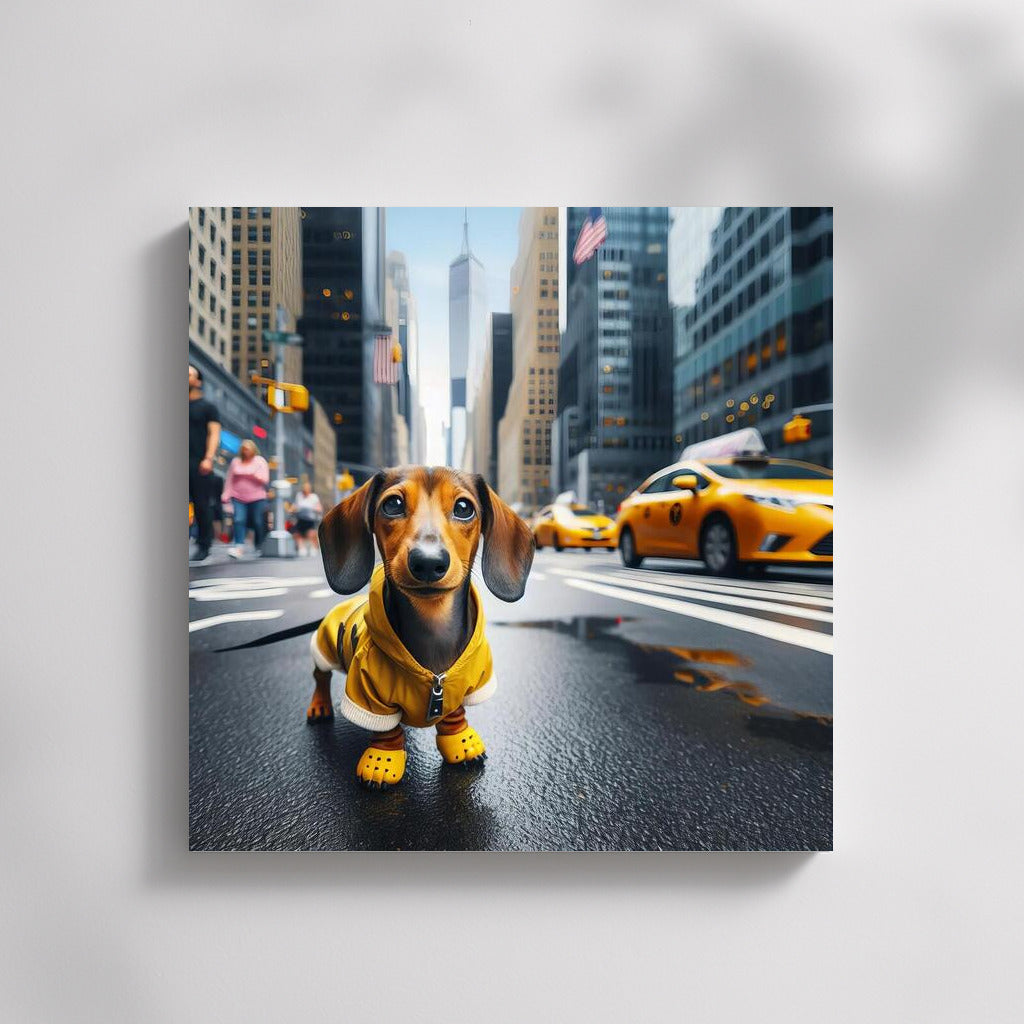 Dachshund in the City: Fashionable Dog and Yellow Taxis