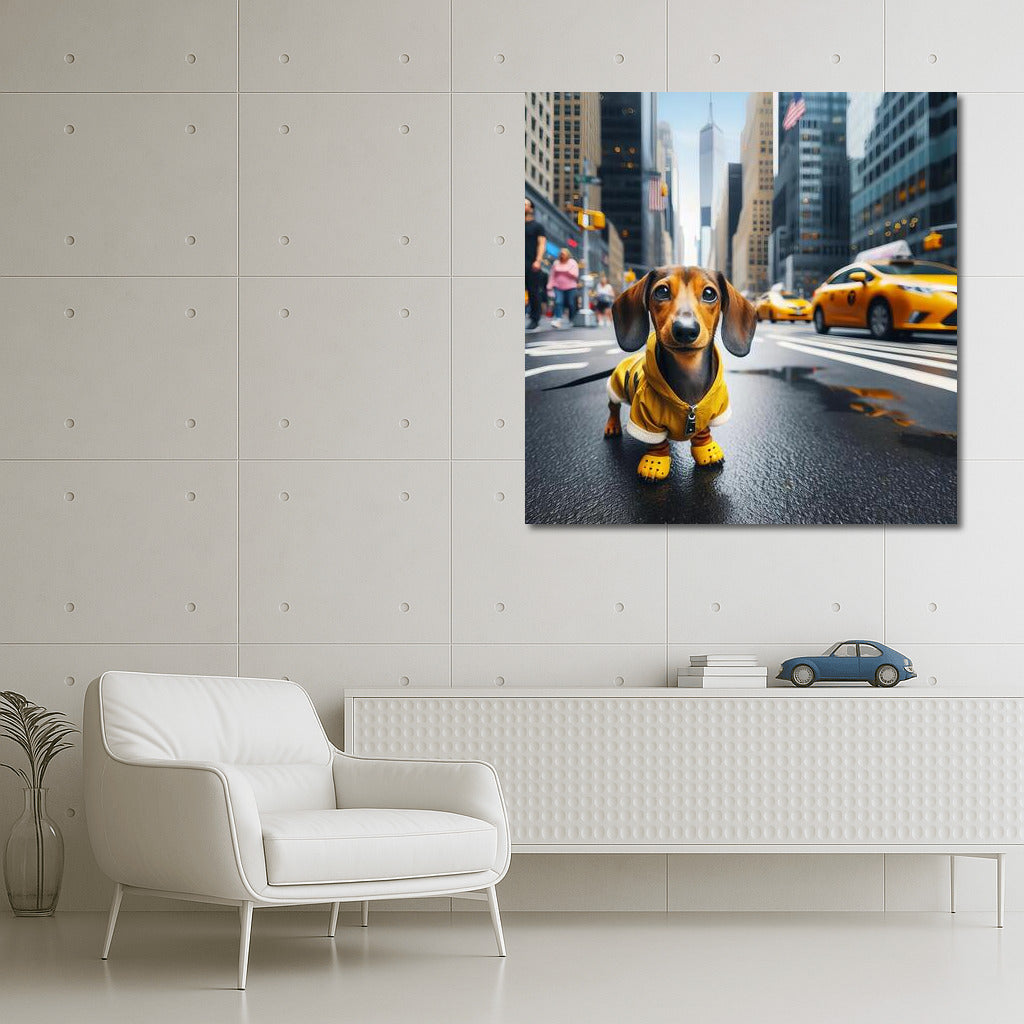 Dachshund in the City: Fashionable Dog and Yellow Taxis