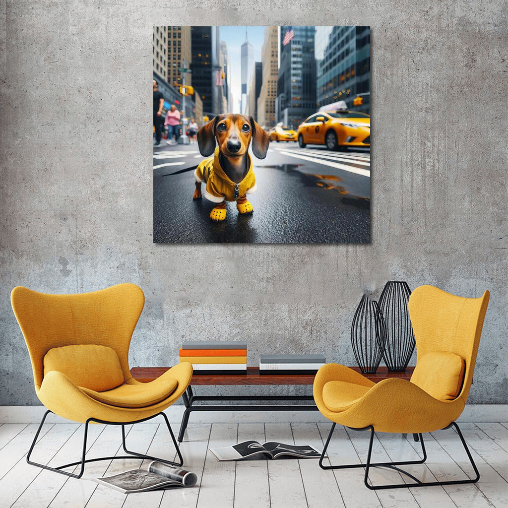 Dachshund in the City: Fashionable Dog and Yellow Taxis
