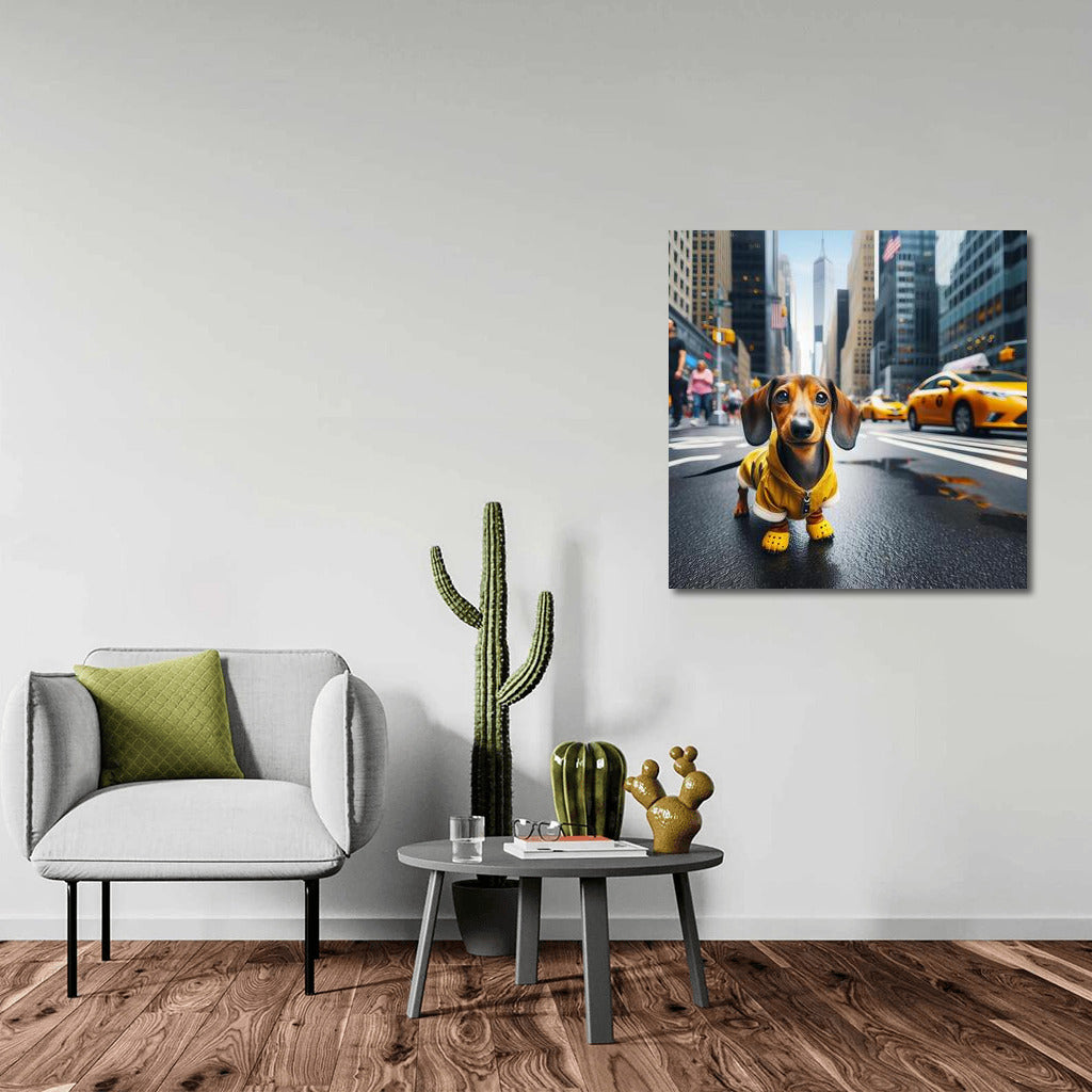 Dachshund in the City: Fashionable Dog and Yellow Taxis