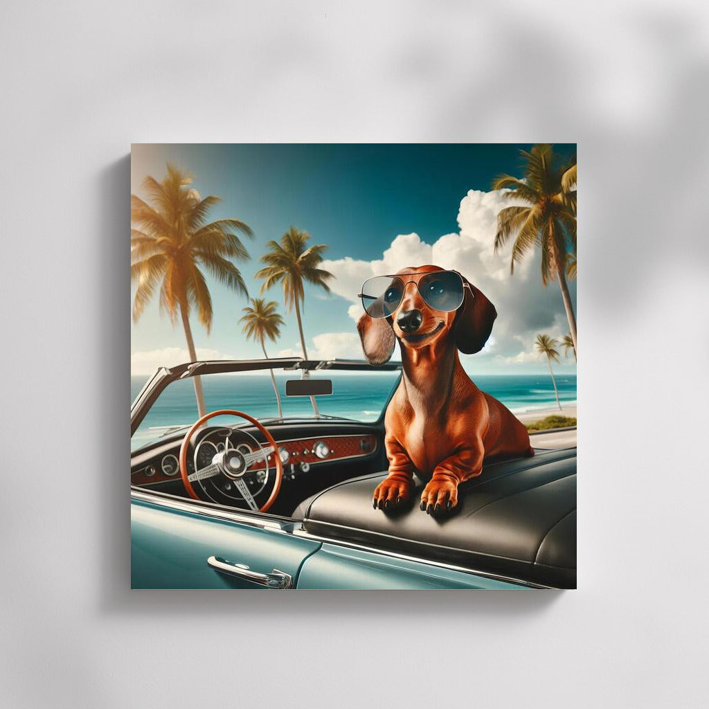 Dachshund in Glasses in Retro Car among Palm Trees: Summer Freedom
