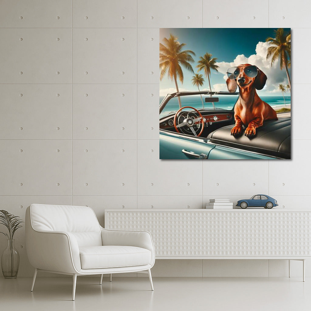 Dachshund in Glasses in Retro Car among Palm Trees: Summer Freedom