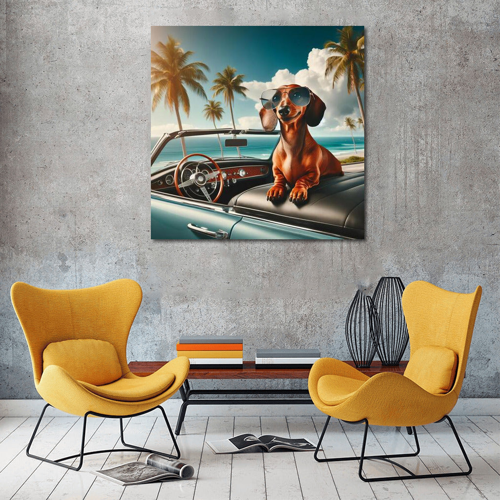 Dachshund in Glasses in Retro Car among Palm Trees: Summer Freedom