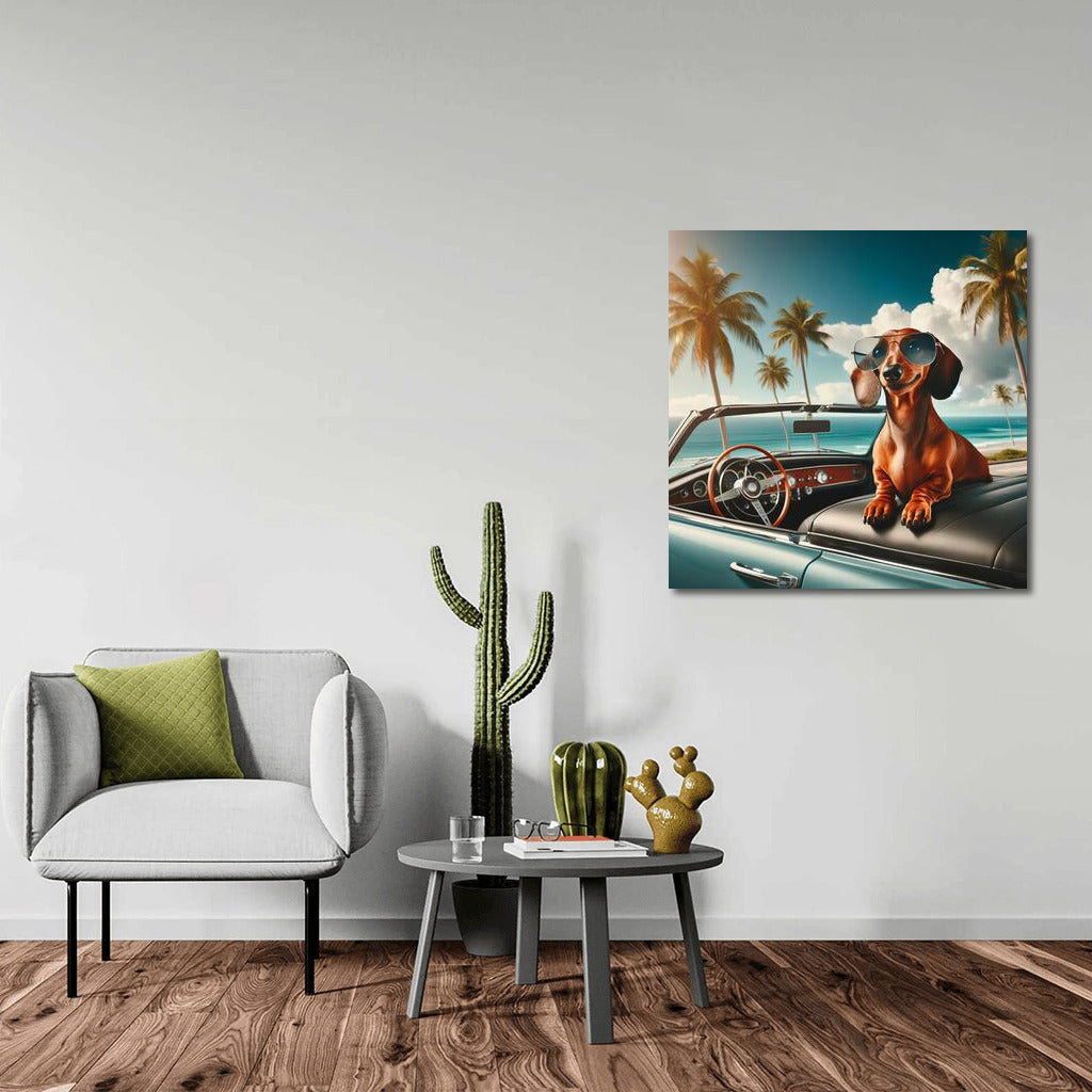 Dachshund in Glasses in Retro Car among Palm Trees: Summer Freedom