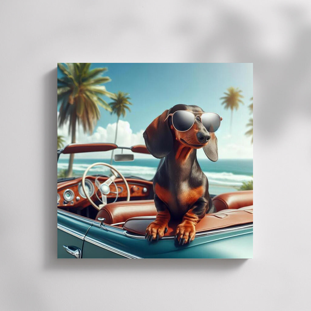 Stylish Dog in Retro Convertible: Summer Adventure on the Waves