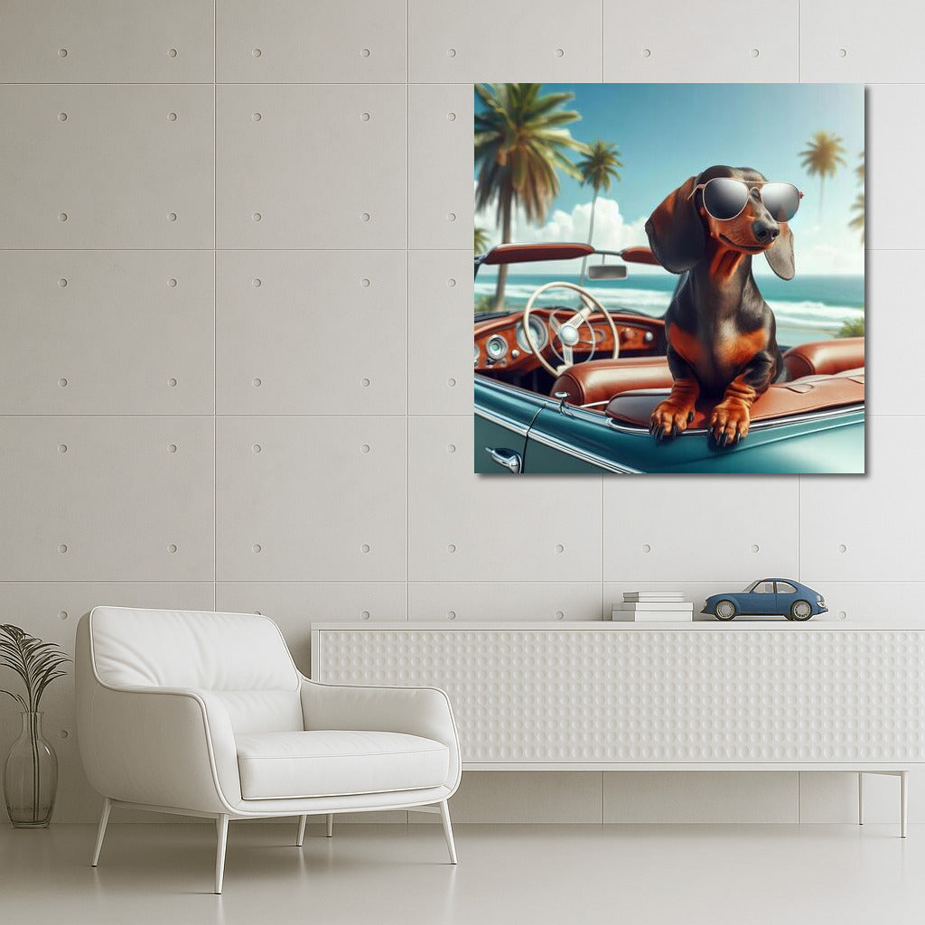 Stylish Dog in Retro Convertible: Summer Adventure on the Waves