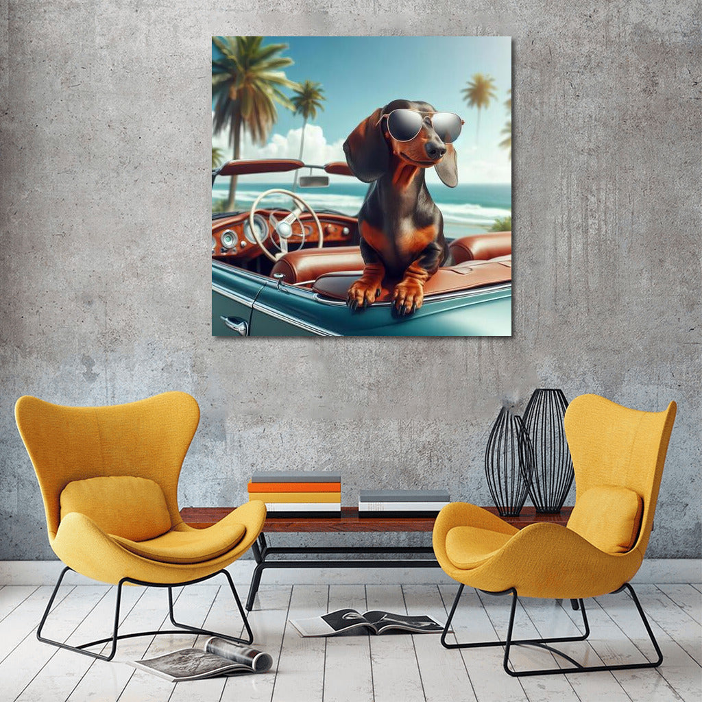 Stylish Dog in Retro Convertible: Summer Adventure on the Waves