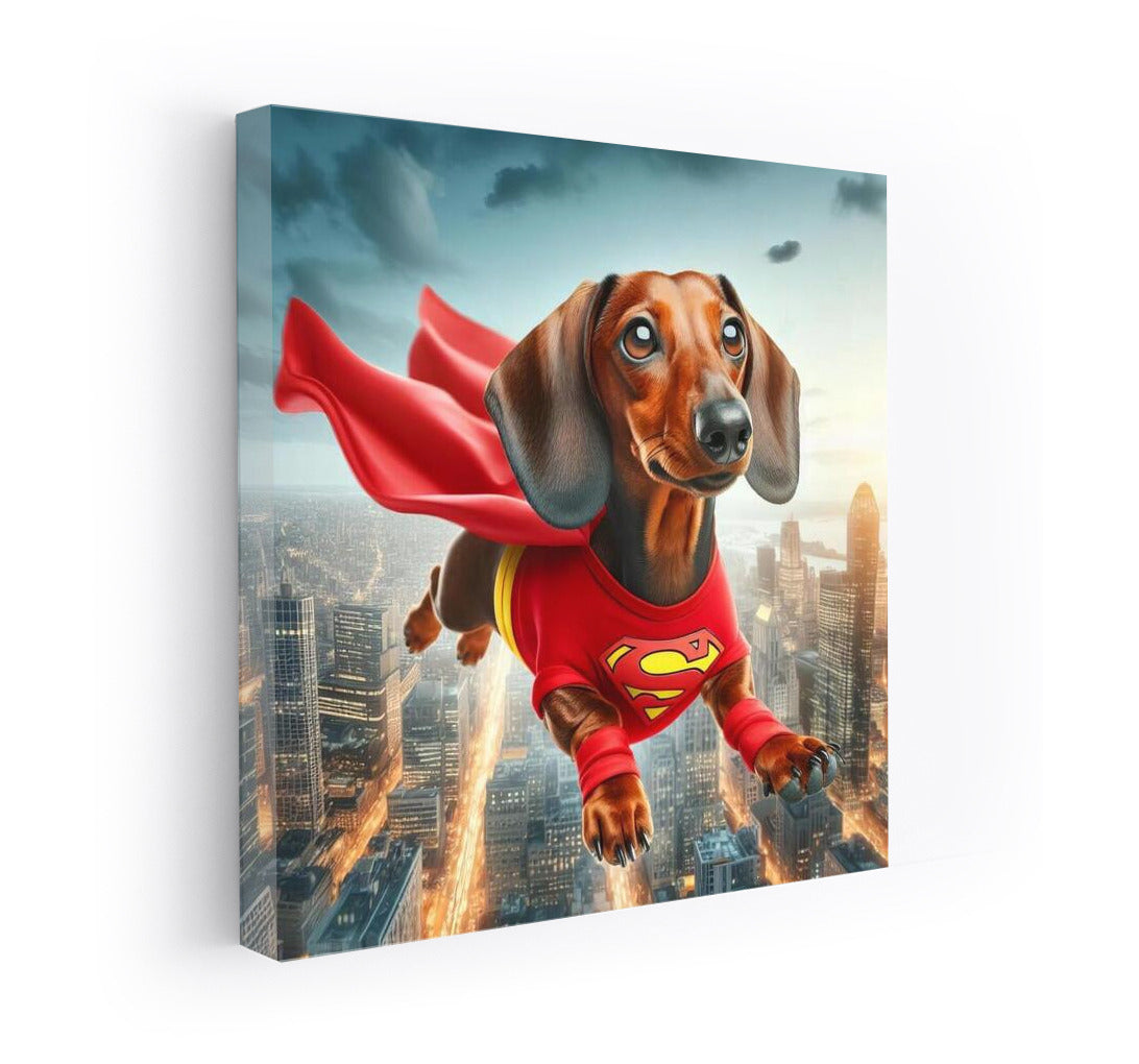 Flying Superhero Dog in a Bright Costume Over the City