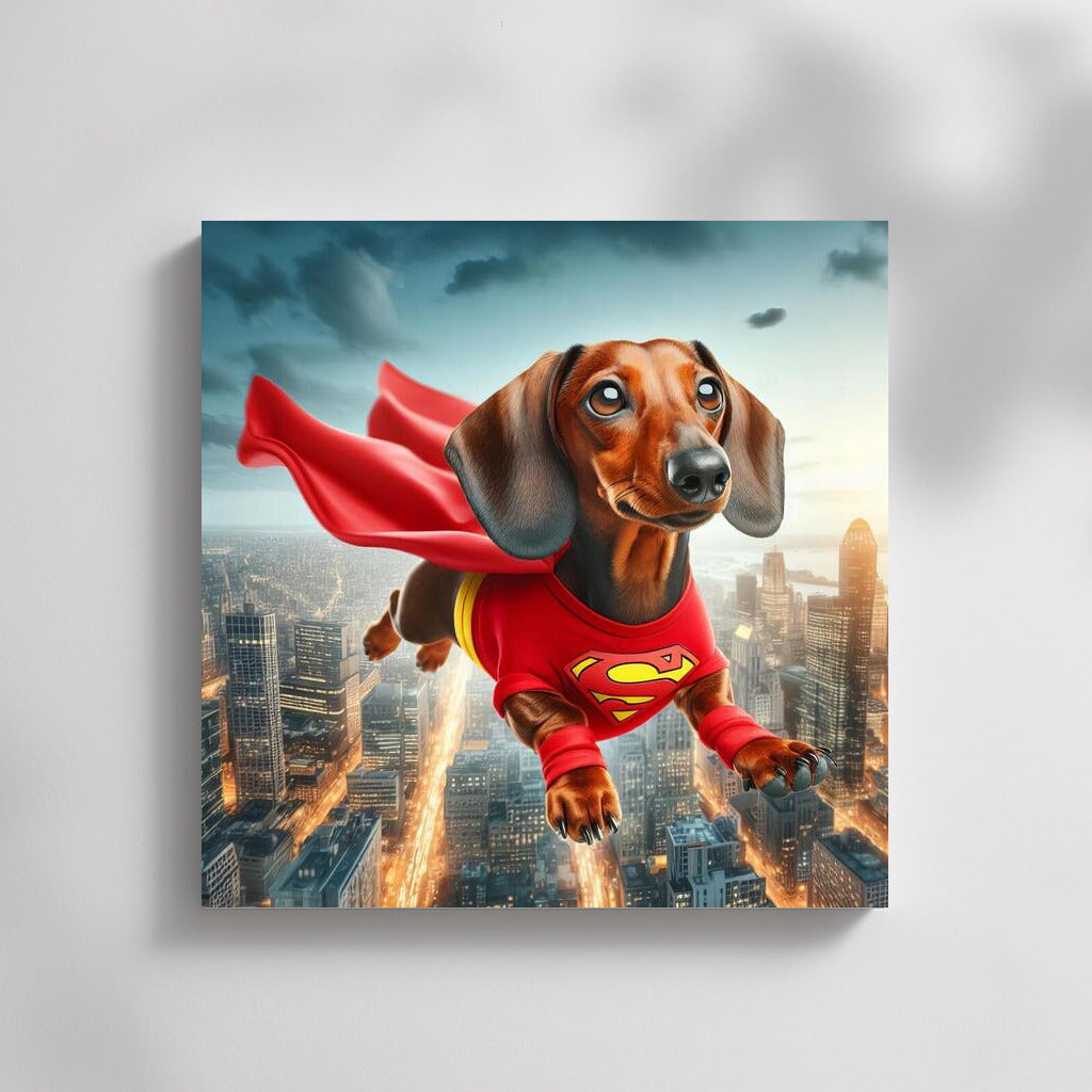 Flying Superhero Dog in a Bright Costume Over the City