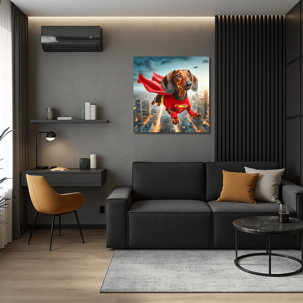Flying Superhero Dog in a Bright Costume Over the City