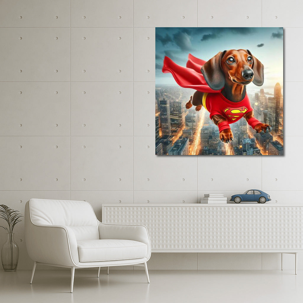 Flying Superhero Dog in a Bright Costume Over the City