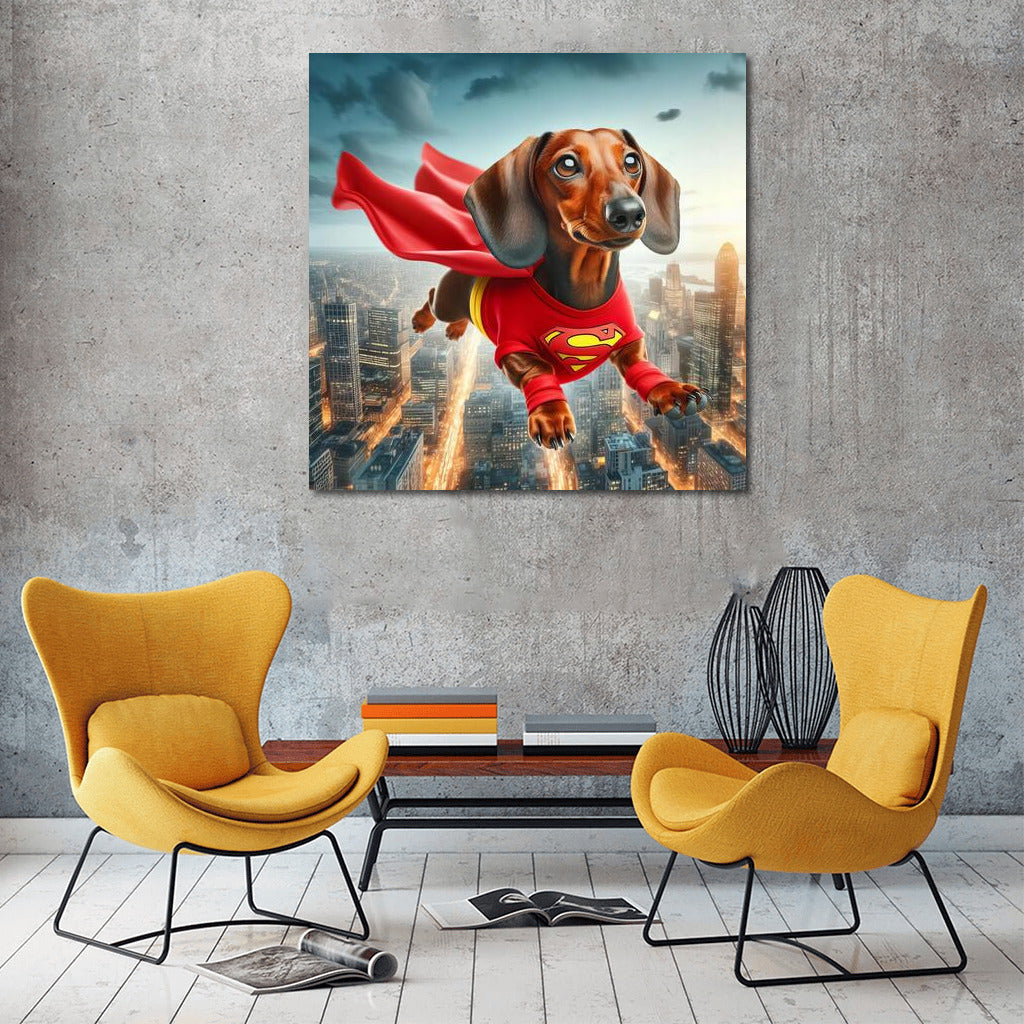 Flying Superhero Dog in a Bright Costume Over the City