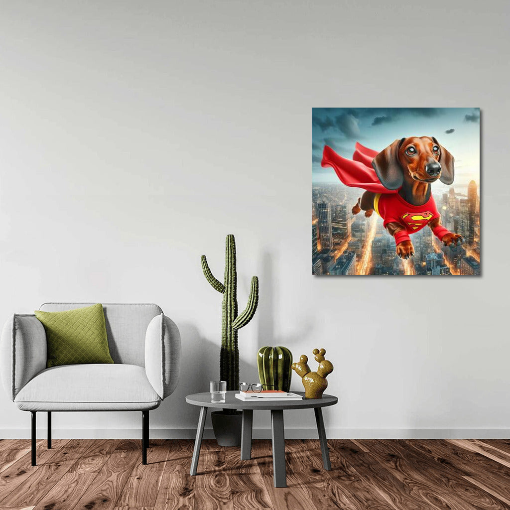 Flying Superhero Dog in a Bright Costume Over the City