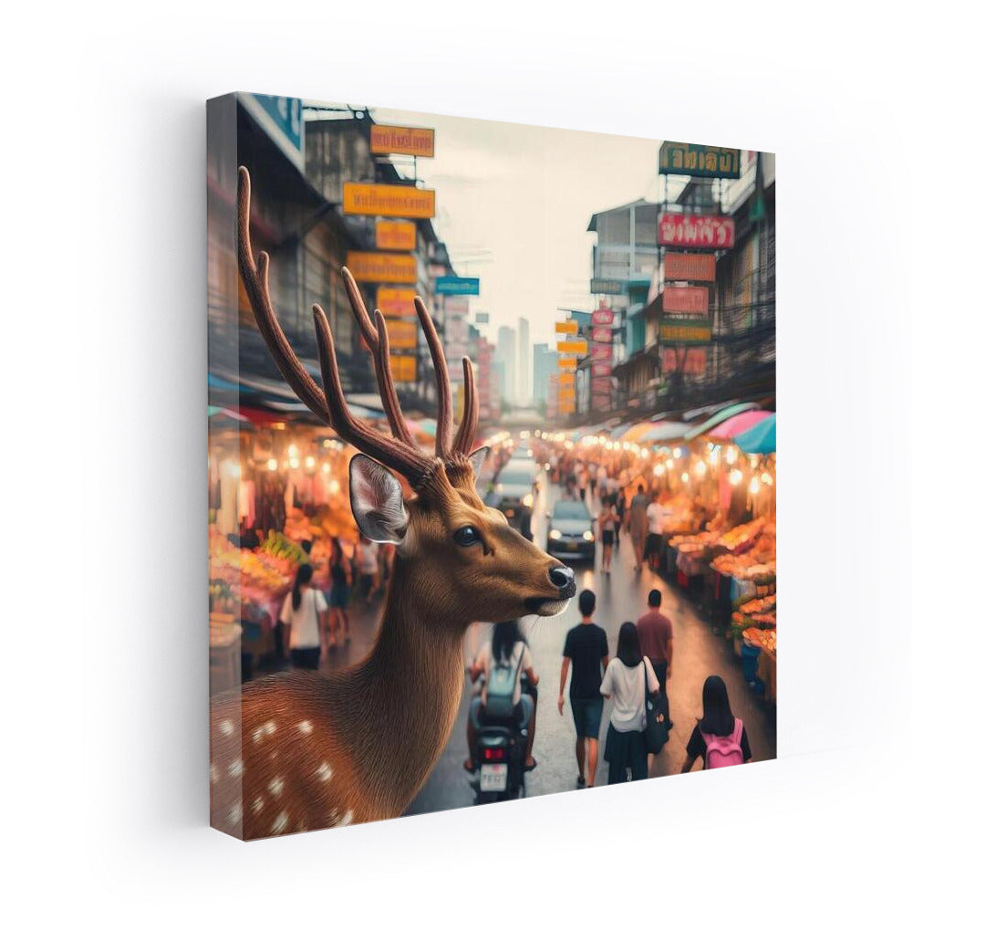 Deer among the colors of a Thai market in Bangkok