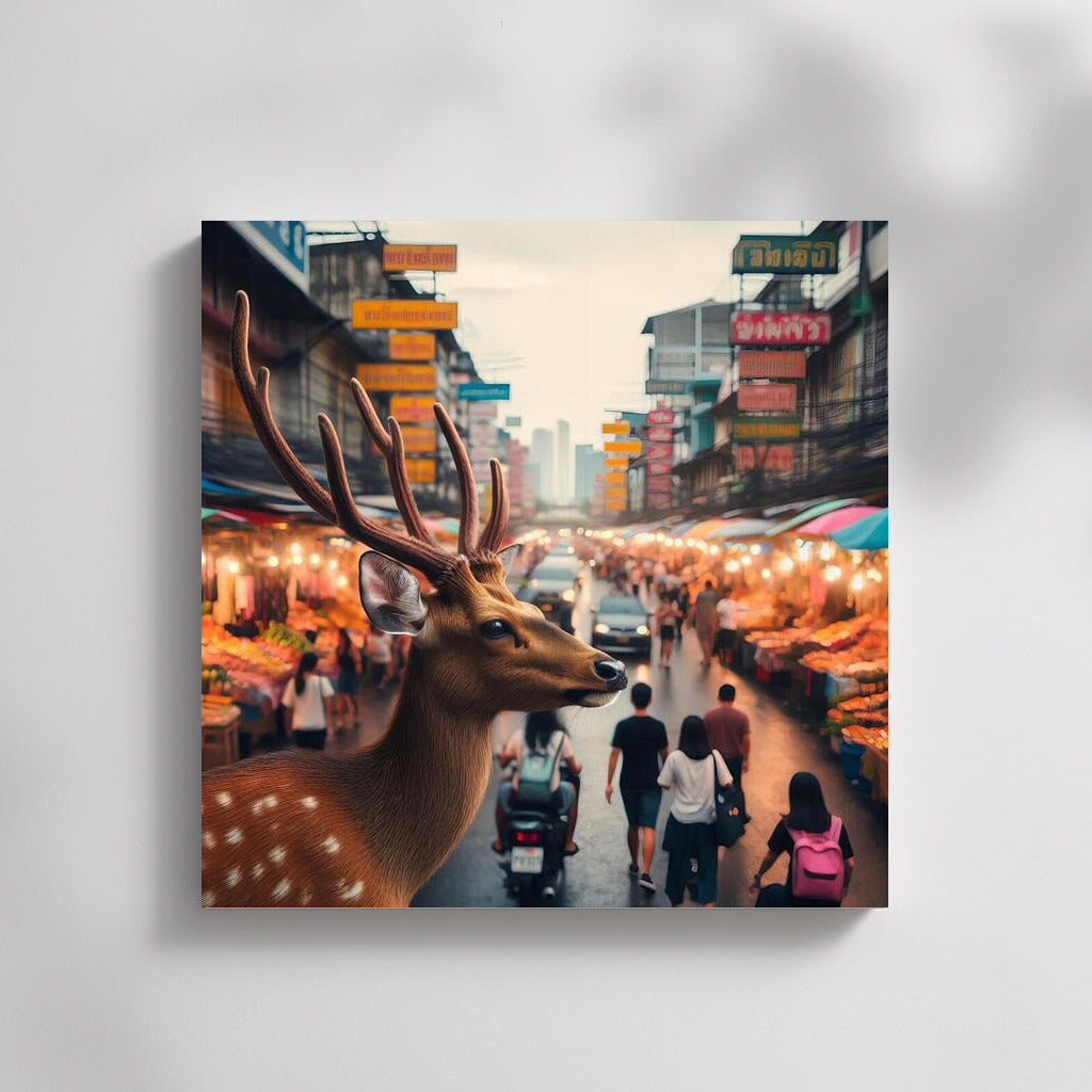 Deer among the colors of a Thai market in Bangkok