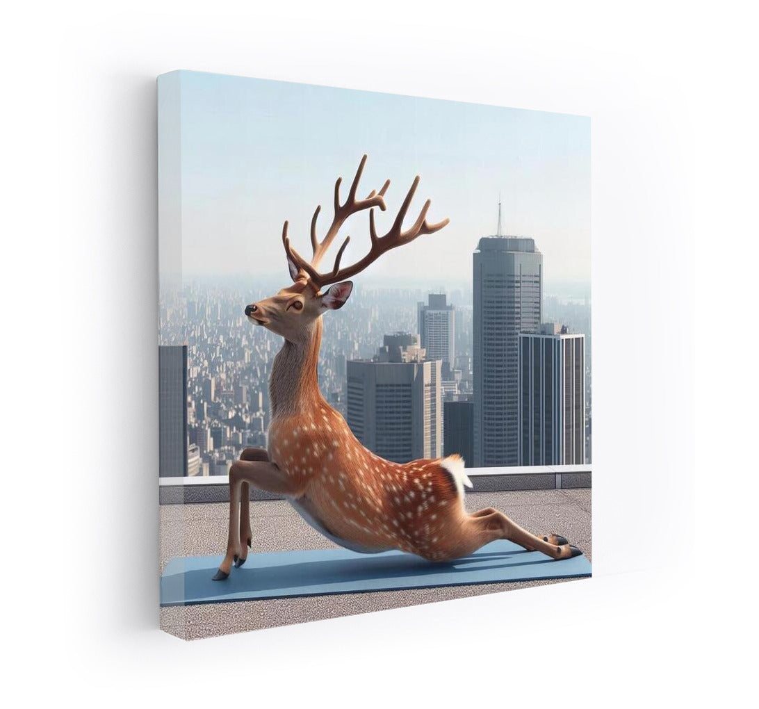 Deer in Yoga on Skyscraper Rooftop: Fantasy Wall Art