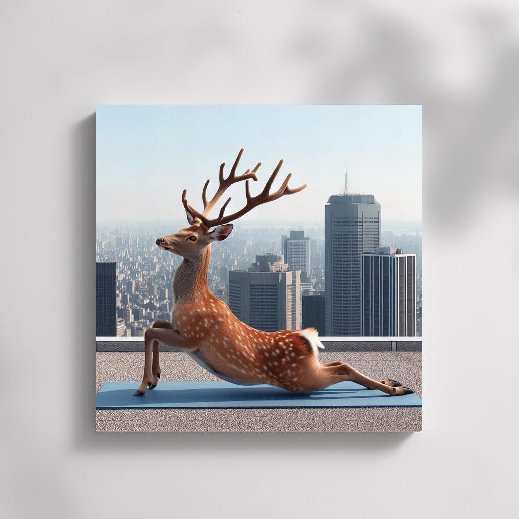 Deer in Yoga on Skyscraper Rooftop: Fantasy Wall Art