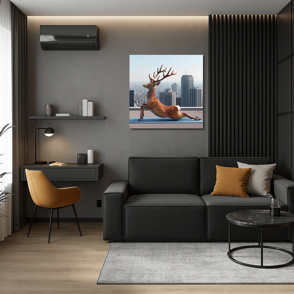 Deer in Yoga on Skyscraper Rooftop: Fantasy Wall Art