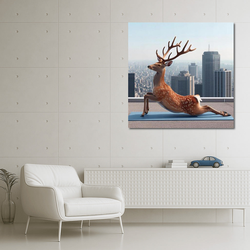 Deer in Yoga on Skyscraper Rooftop: Fantasy Wall Art