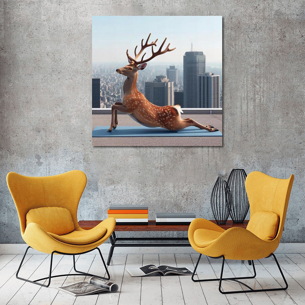 Deer in Yoga on Skyscraper Rooftop: Fantasy Wall Art