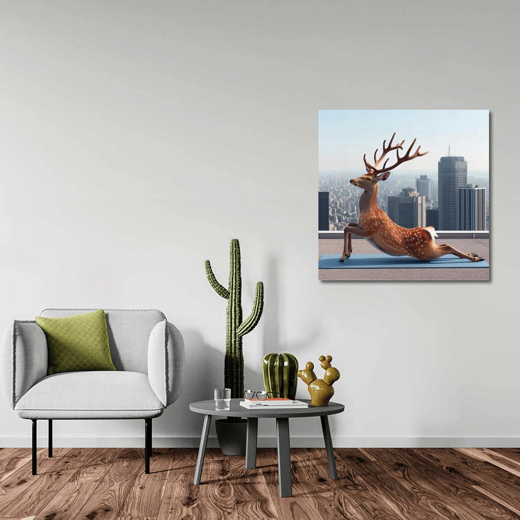 Deer in Yoga on Skyscraper Rooftop: Fantasy Wall Art