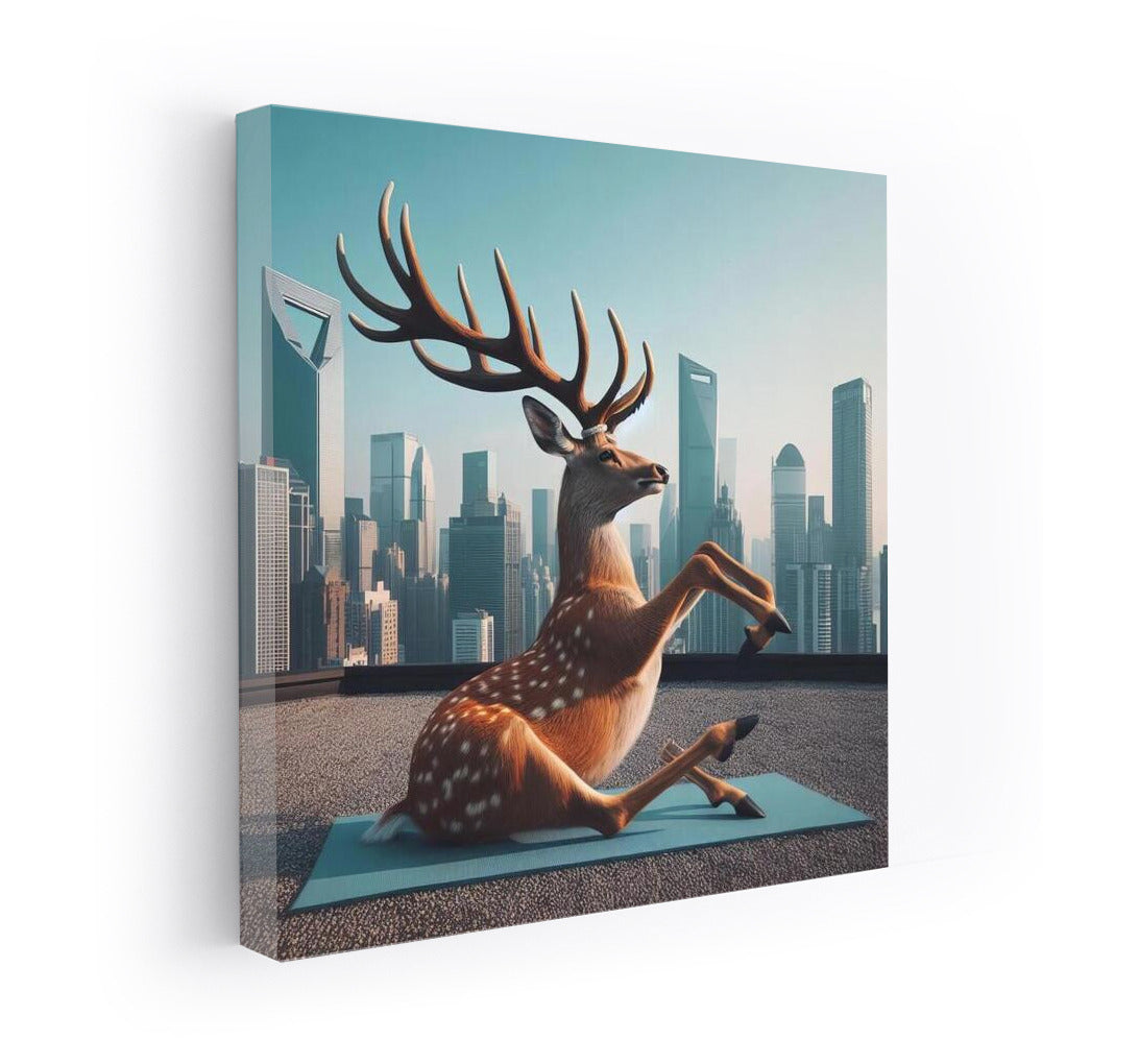 Deer Yoga on a Skyscraper Roof: Balance and Calm in the Heights