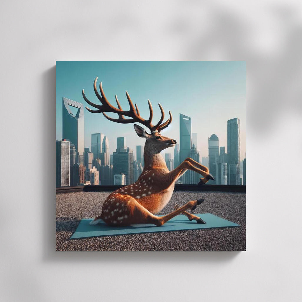 Deer Yoga on a Skyscraper Roof: Balance and Calm in the Heights