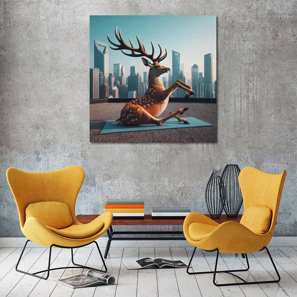Deer Yoga on a Skyscraper Roof: Balance and Calm in the Heights