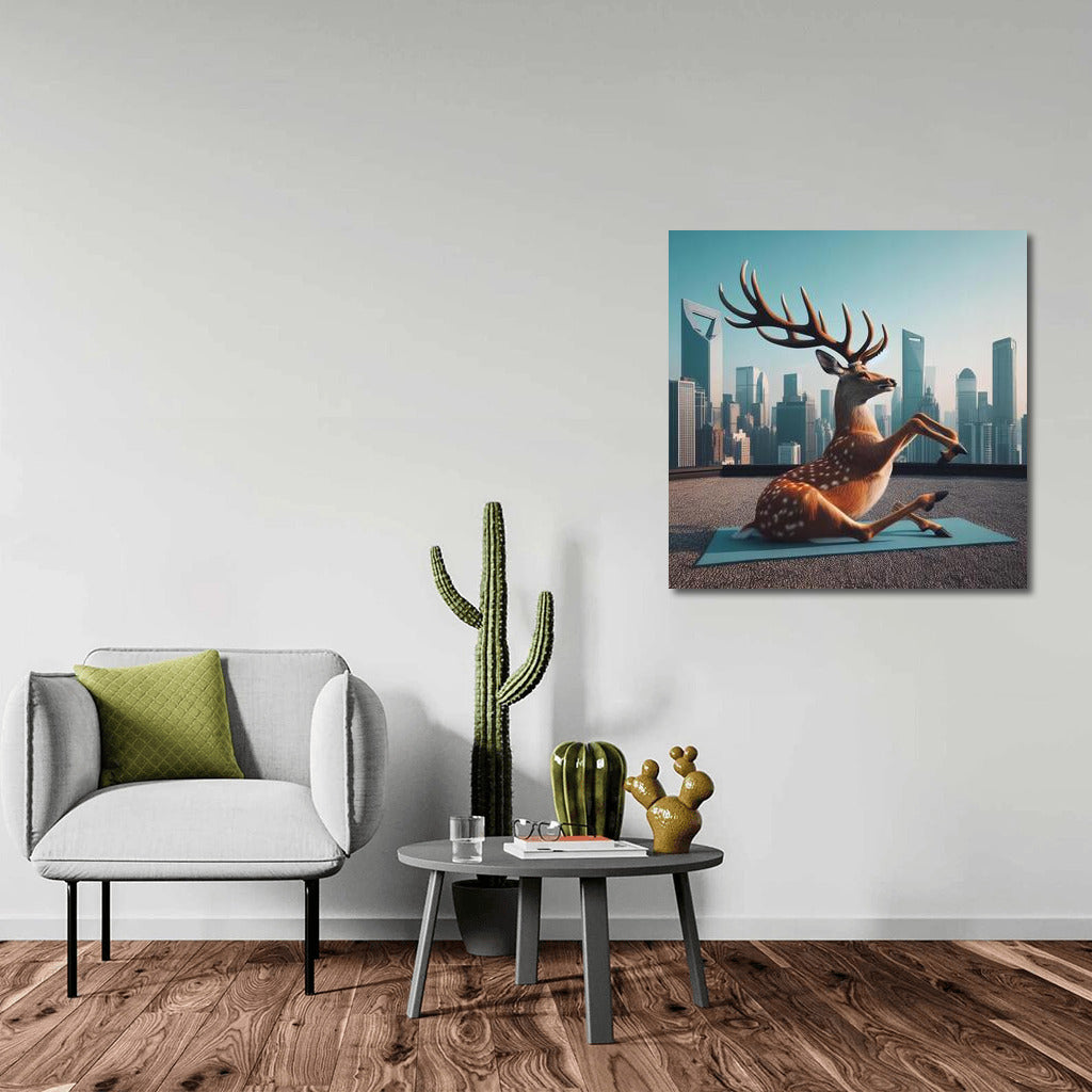 Deer Yoga on a Skyscraper Roof: Balance and Calm in the Heights