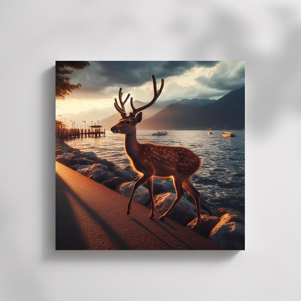 Graceful Deer on the Evening Embankment: Peace and Style for Your Interior
