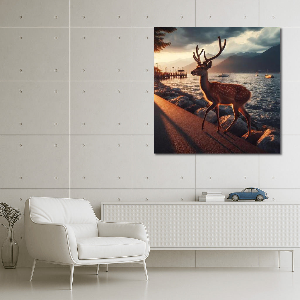 Graceful Deer on the Evening Embankment: Peace and Style for Your Interior