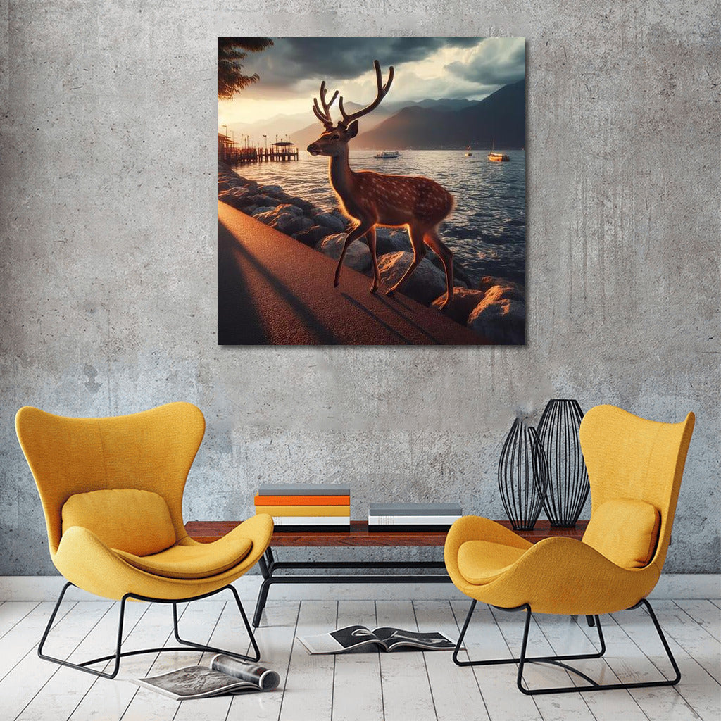 Graceful Deer on the Evening Embankment: Peace and Style for Your Interior