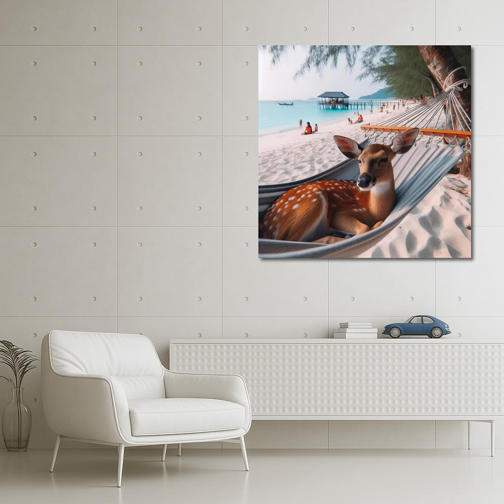 Deer in a Hammock on the Beach: Serene Relaxation by the Sea