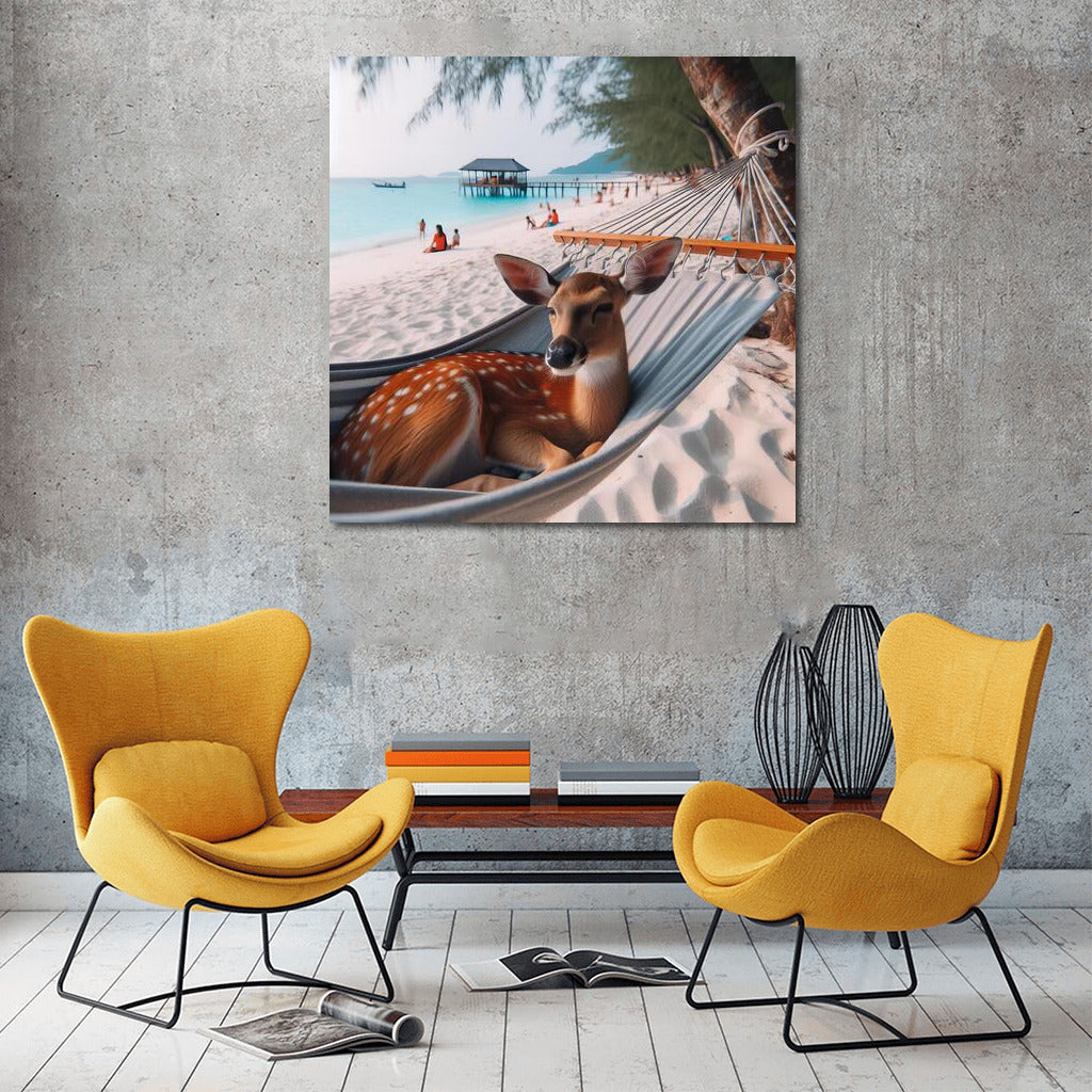 Deer in a Hammock on the Beach: Serene Relaxation by the Sea