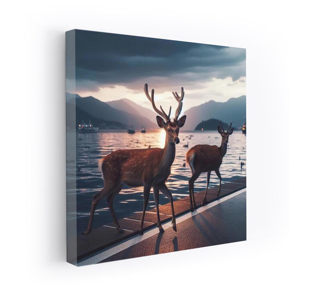 Deer on Sunset Embankment: Evening Tranquility